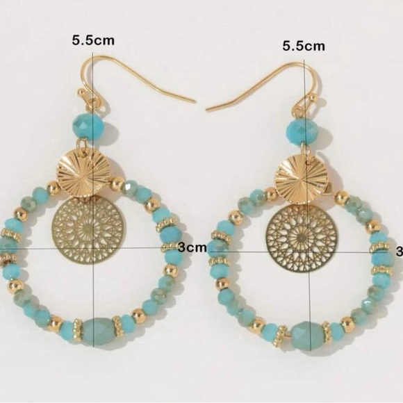 Boho Turquoise Gold Drop Earrings NWOT Beaded Blue - Picture 3 of 3